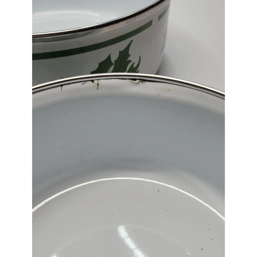 Vintage Christmas Porcelain Enamel On Steel Holly Berry Nesting Bowls Containers